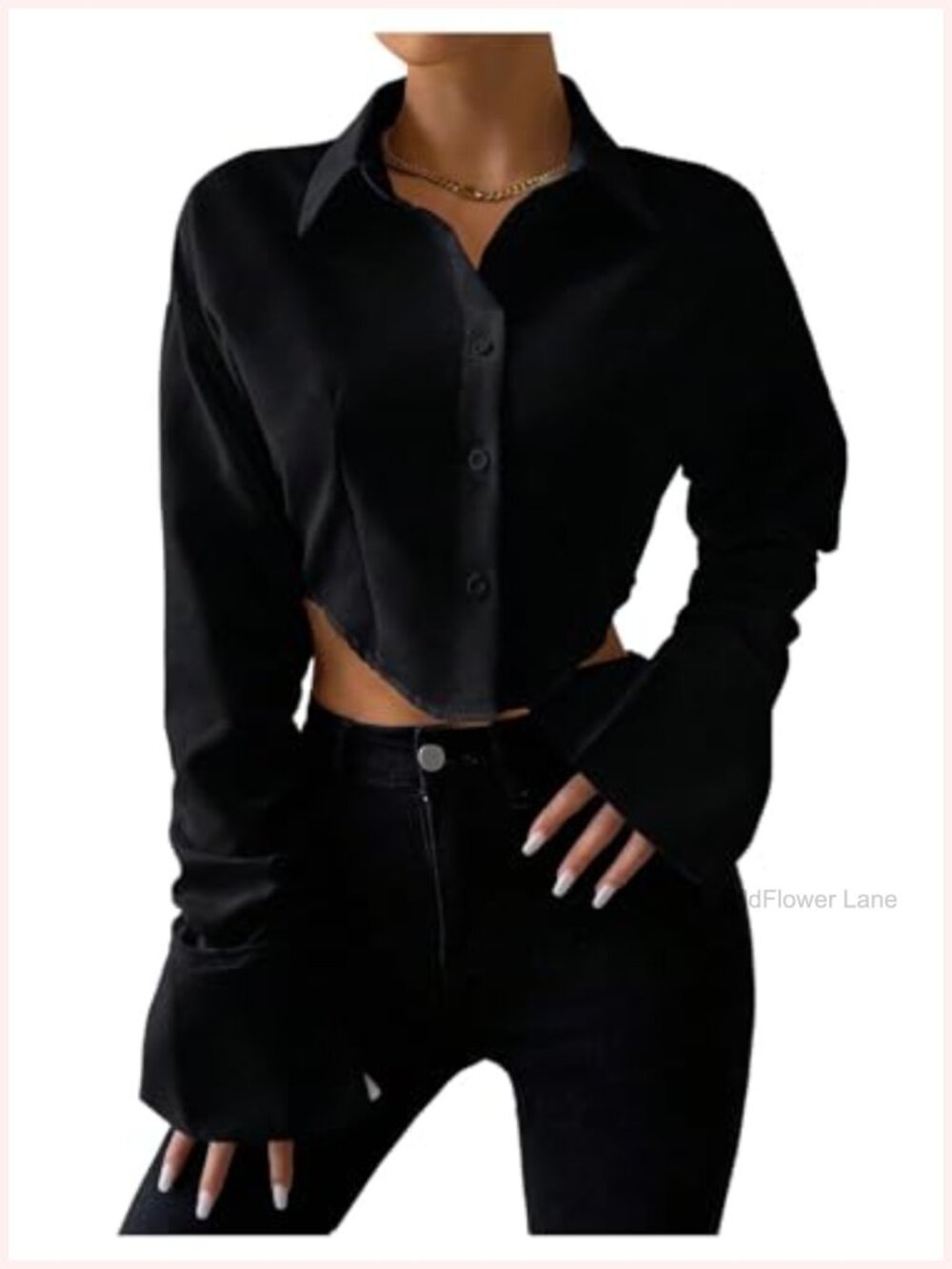 GORGLITTER Women's Cropped Button Down Shirt Bell Sleeve Collared Blouse